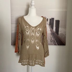 Wooden Ships Pointelle Crochet Knit V neck Aline Sweater Size S/m